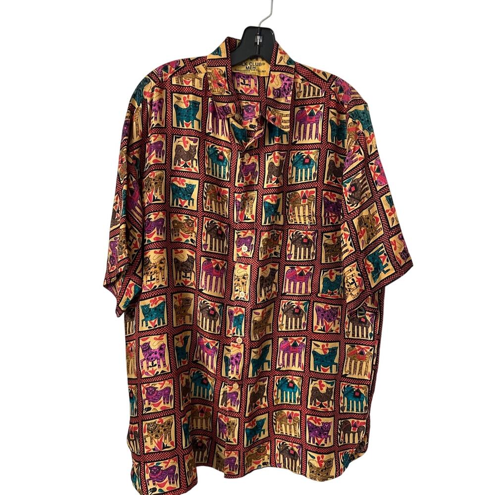 Vintage 90's Silk Club Button Up Shirt Mens M Red Animal Print Retro Classic
